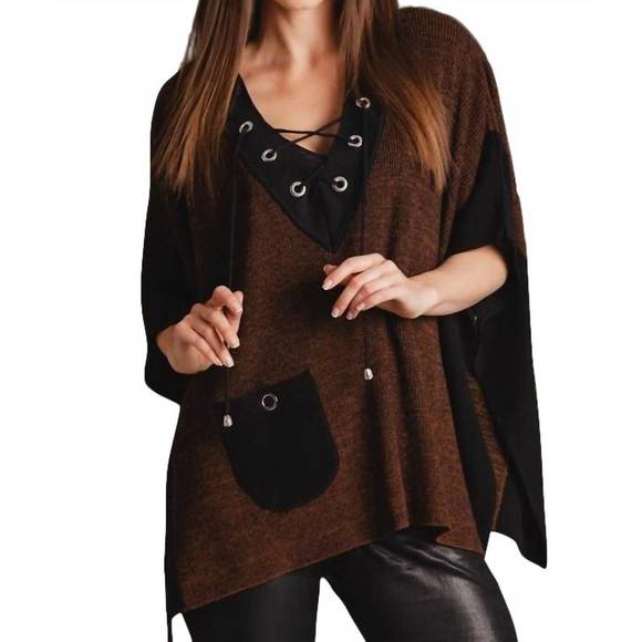 NEW ANGEL v-neck tie up poncho in brown - Picture 1 of 1